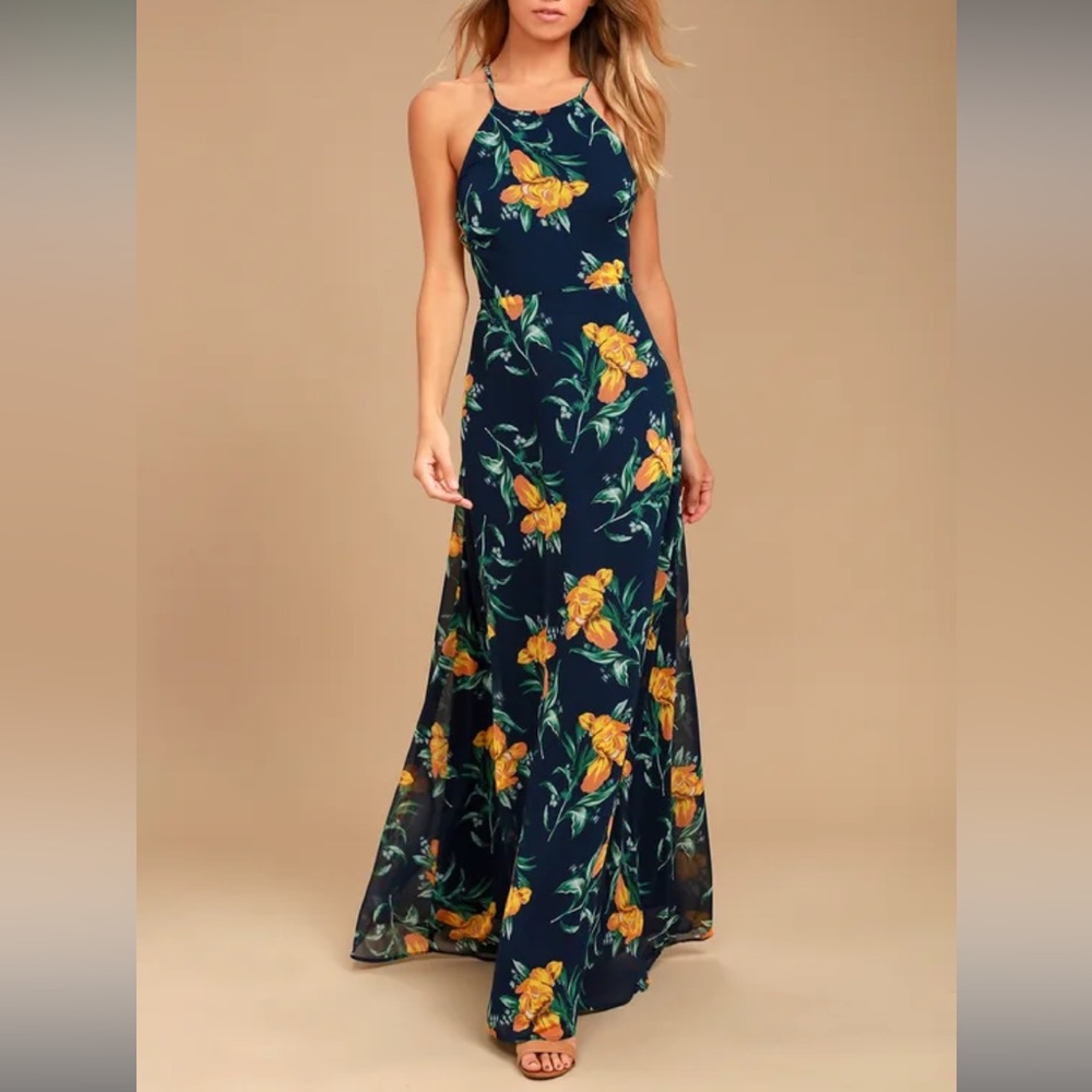 Lulu’s Adventure Seeker Navy Blue and Yellow Floral Print Maxi Dress